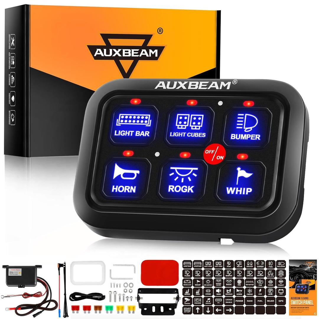 Auxbeam 6 Gang Switch Panel BC60, Universal Circuit Control Relay System Box with Automatic Dimmable On-Off LED Switch Pod Touch Switch Box for Car Pickup Truck UTV ATV Boat (Blue (No APP)