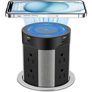 Pop Up Outlet for Countertop, 15W Wireless Charger PD 45W, 2 USB-A & 2 USB-C & 8AC Outlets 15A Tamper Resistant, 4-inch Island Kitchen Pop Out