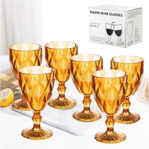 Vintage Wine Glasses Set of 6, Plastic Reusable 12 Ounce Colored Water Goblets, Unique Embossed Pattern Unbreakable Stemmed Wine Glasses High Clear Wedding Party Bar Drinking Cups Amber (6 Pcs)