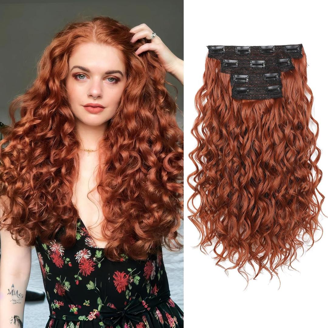 REECHO Curly Hair Extensions, 4PCS 16 inch Clip in Hair Extensions Lace Weft Short Curly Extension Clip Ins Invisible Natural Hairpieces for Women, Copper Red