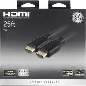 GE 25ft 4K HDMI 2.0 Cable with Ethernet, Gold-Plated Connectors, Black, 48723, New