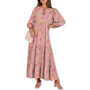 ANRABESS Womens Boho Maxi Dresses 2026 Summer V Neck Puff Sleeve Floral Flowy Swing Fall Casual Long Dress XL,Greygreen Pink Floral