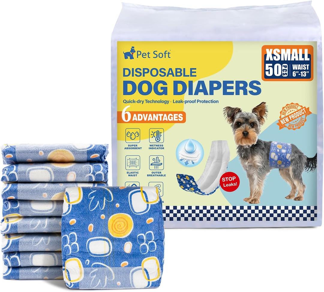 Pet Soft Male Dog Diapers - Disposable Male Dog Wraps with Wetness Indicator, Puppy Diapers for Pets Excitable Urination or Incontinence, 50pcs X-Small