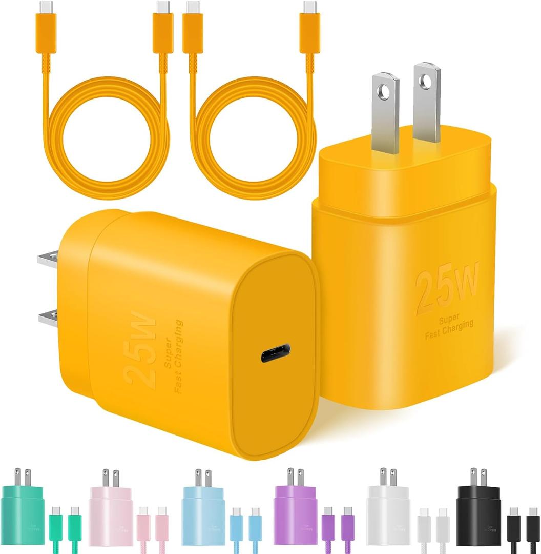 Type C Charger Fast Charging, USB C Charger Block, 2-Pack 25W Phone Super Fast Charger with 6Ft USB-C Cable Compatible with iPhone 15/ 16/ Plus/ Pro/ Pro Max, Galaxy S25/ S24/ Plus/ Ultra (Yellow)