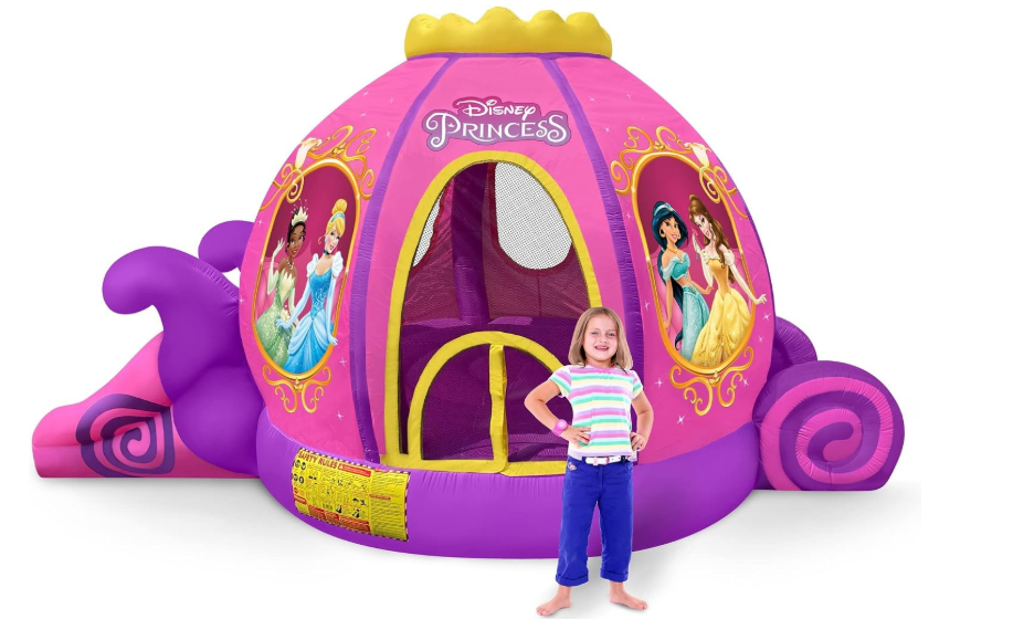 Funormous Disney Princess Carriage Inflatable Pink Bounce House with Slide and Ball Pit, Indoor Outdoor Bouncy Castle with Air Blower Kids Ages 3-8