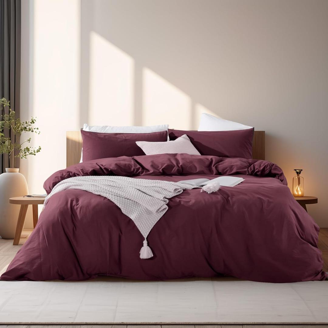 NEXHOME PRO Duvet Cover Set 100% Washed Cotton Oversized Queen 92"x98", Organic Natural Linen Look Textured 3 Pieces Bedding Set Burgundy Dark Red with Zipper Closure, Breathable (No Comforter)