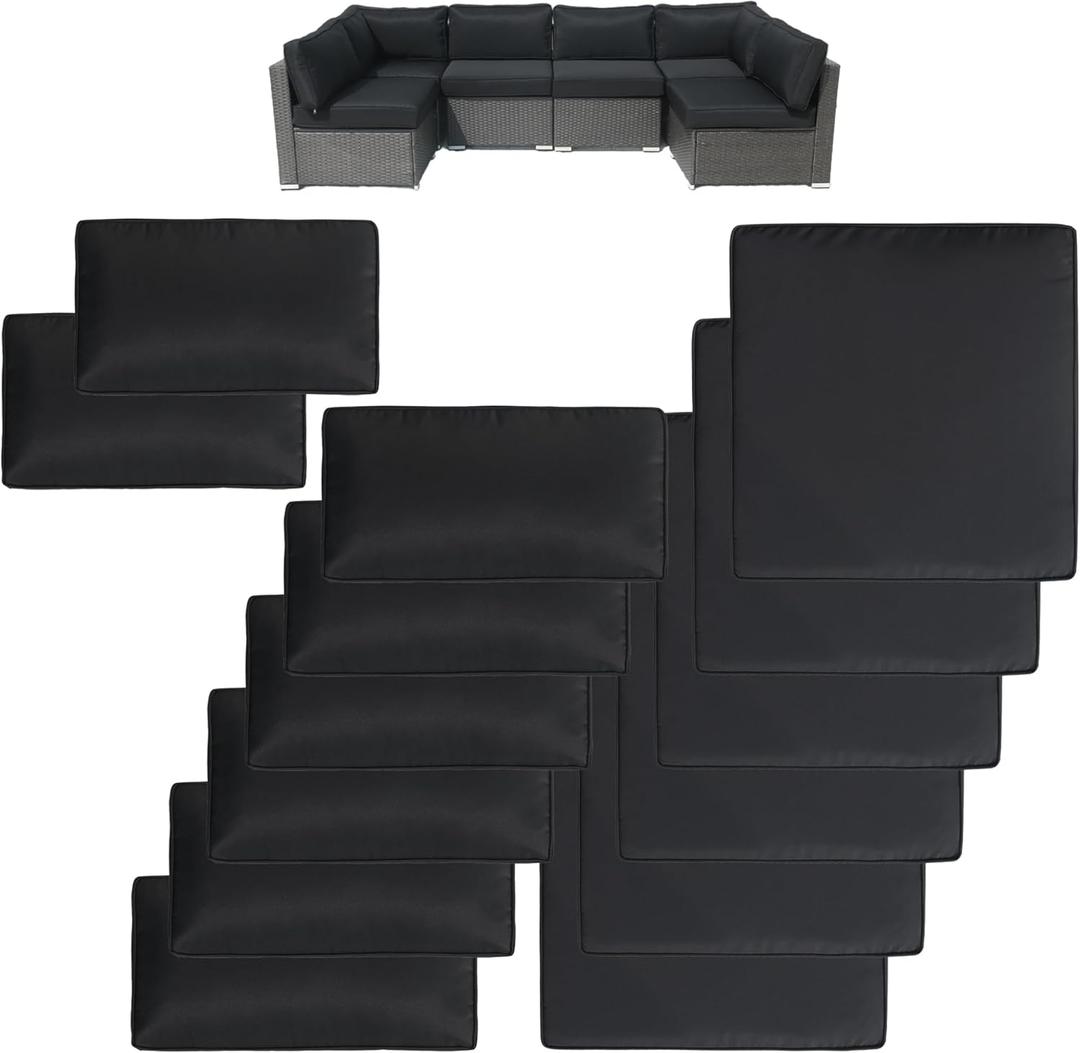 14Pcs Patio Cushion Covers Replacement Splashproof UV-Resistant Inelastic Covers with Zippers, Max Compatible 25.6x25.6x4inch Patio Cushion, for 7 Pcs Outdoor Patio Furniture Sets (Black)