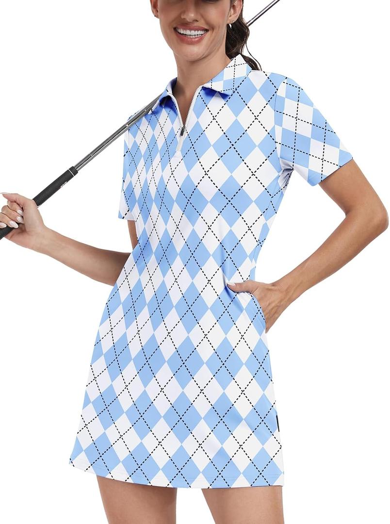 Soneven Womens Tennis Dress Sleeveless Golf Dresses with Shorts and Pockets Ruffle Sleeve Workout Athletic Dresses (X-Large, 138-blue Argyle)