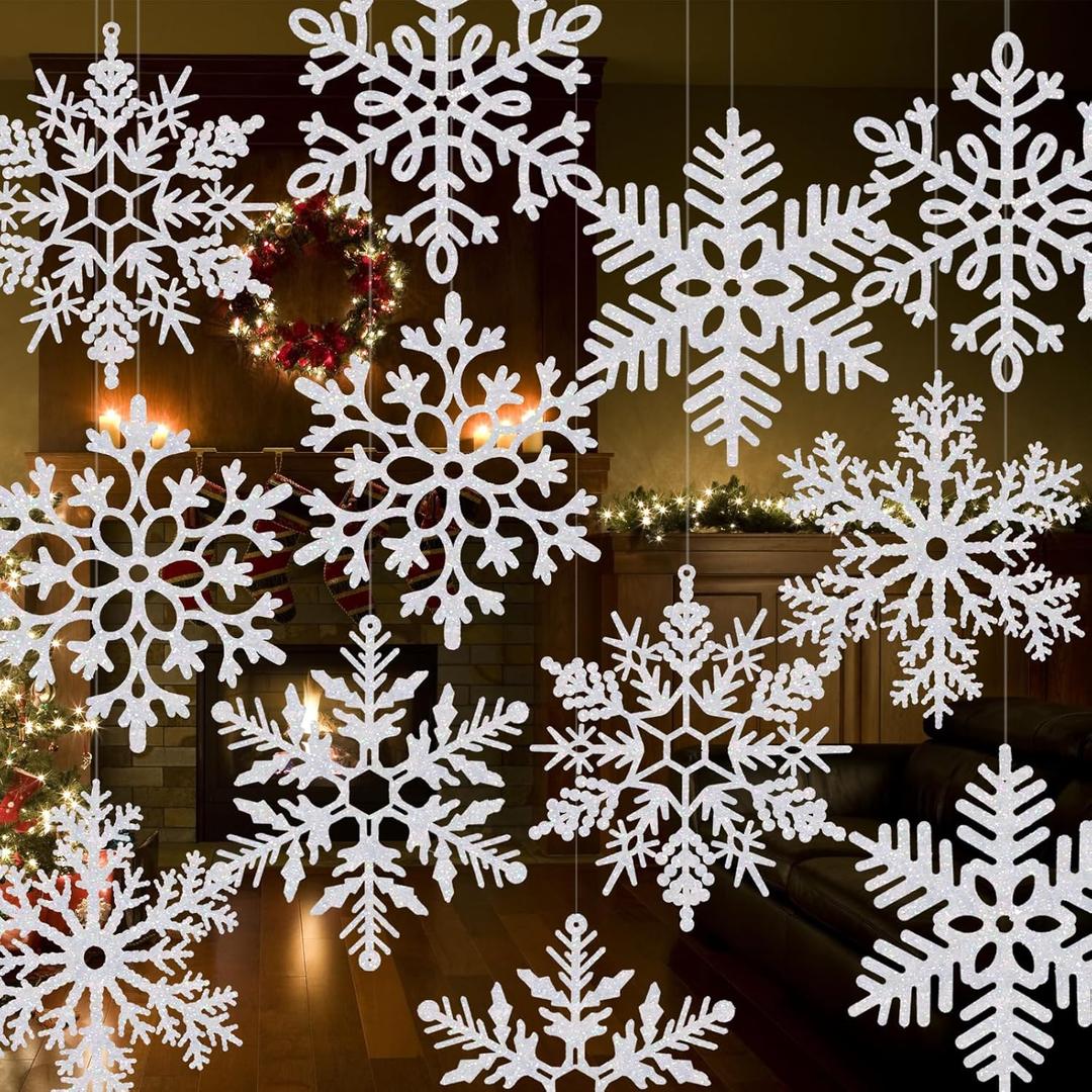 24 Pcs 15.8'' Large Snowflake Decorations  Giant Hanging Snowflakes, Plastic Snowflakes for Indoor & Outdoor Christmas Decor, Porch & Tree Decorations (White)