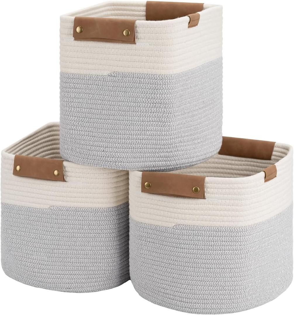 StorageWorks 11x11x11 Woven Baskets - 3 Pack, Cotton Rope Baskets with Leather Handles, White & Grey - Cube Storage Organizer for Bedroom, Nursery Room, Living Room