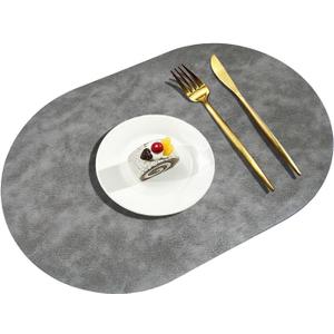 Oval Leather Placemats Set of 6 Washable,Heat Resistant Table Mats for Dining Table, Durable and Easy to Clean for Daily Use (Dark Gray)