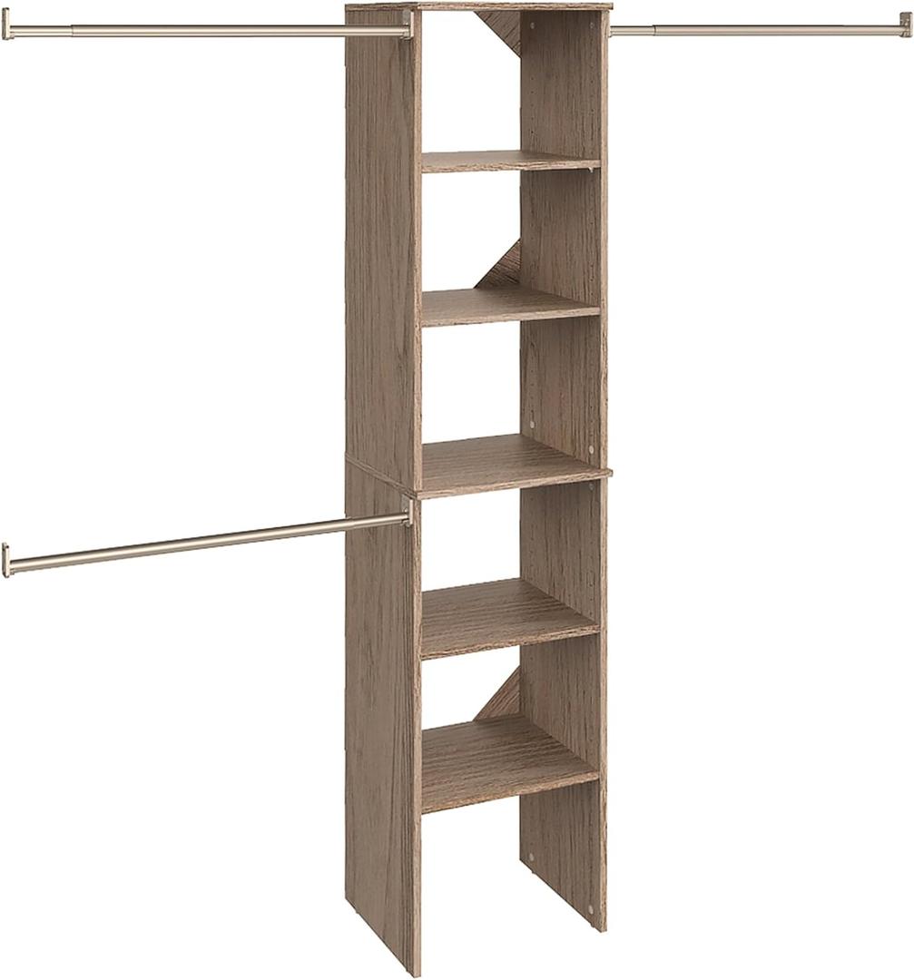 ClosetMaid SuiteSymphony Wood Closet Organizer Starter Kit with Tower and 3 Hang Rods Shelves, Adjustable, Fits Spaces 4  9 ft. Wide, Natural Gray, 16"