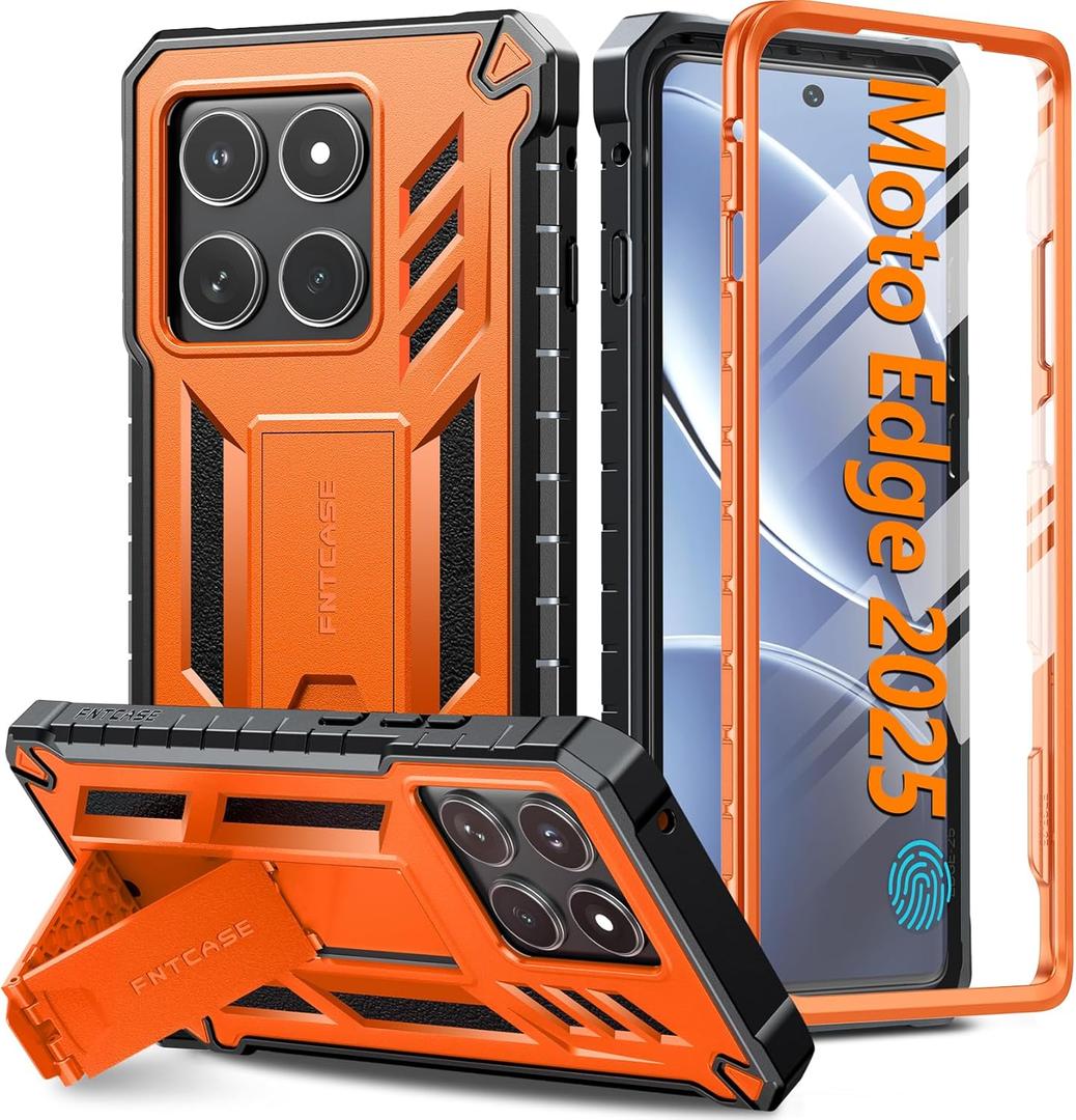 FNTCASE for Motorola Edge 2025 Case: Military Grade Drop Proof Protection Mobile Cover with Kickstand | Matte Textured Rugged Shockproof TPU | Protective Sturdy Phone Case - Orange