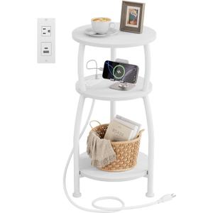 Round Side Table with Power Outlet & USB Ports, 3-Tier End Table with Storage Shelf, Modern Rustic Nightstand, Small Spaces Accent Table for Living Room Bedroom, Easy Assembly, White