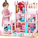 Doll House for Girls, DIY Dream Dollhouse with Furniture and Rooms Accessories, Miniature Pretend Playhouse with Lights, Building Princess House Dolls Playset Figures Toys Kit Gift for Ages 3+