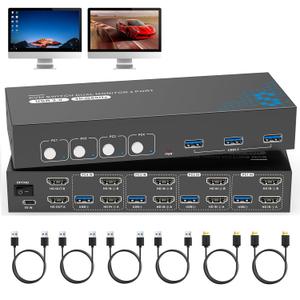 HDMI Dual Monitors KVM Switch 4 Computers 2 Monitors USB3.0 4K@60HZ for 3 Computers 4PC Laptops Share Keyboard & Mouse, EDID Supported