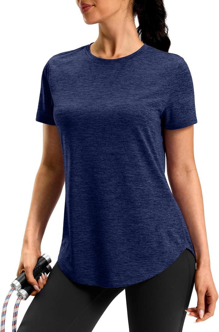 Women's Workout Shirts Bum-Covering Length Lightweight Short Sleeve Dry Fit Athletic Hiking Running Summer Tops for Women (Blue, XL)