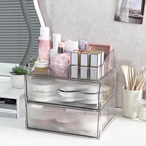 3-Tiers Makeup Organizer with Drawer, Stackable Skincare Storage Box for Vanity and Bathroom, Beauty Essentials, Cosmetic Brushes, Perfume Stand, Large Lipsticks Holder