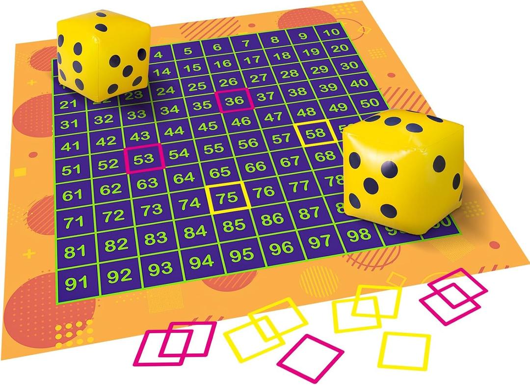 Hundred Activity Mat Math Rug Hundreds Chart Set 1-100 Counting Rug for Home Classroom, 4x4 ft Non-Slip Educational Activity Mat with Dice Frames, Large Math Learning Tool for All Ages