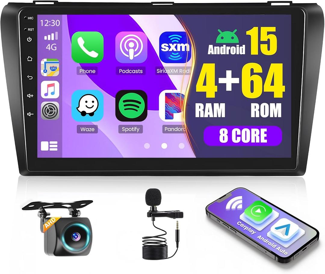 [8 Core 4G+64G] Car Radio for Mazda 3 2006-2012 Android 13 Car Stereo Wireless Carplay, Roinvou 9 inch Touch Screen for Mazda 3, Bluetooth 5.0, 32 EQ, GPS, 5G WiFi, AHD Backup Camera