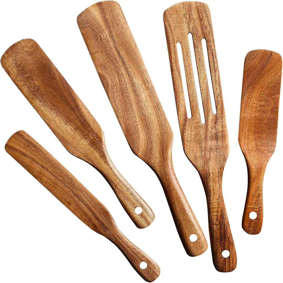 Wooden Spurtle Kitchen Utensils,QWKIT 5Pcs Premium Natural Teak Wood Slotted Spurtle Spatulas Spoons Set for Nonstick Cookware Kitchen Cooking Heat Resistant Non Stick (5)