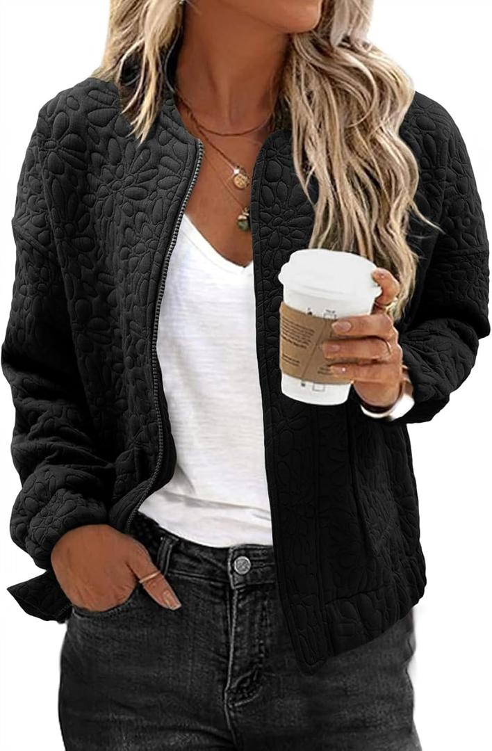 EVALESS Bomber Jackets for Women Spring Fashion 2025 Cute Jacquard Coats Lightweight Zip Up Jackets Dressy Casual (Small, Black)