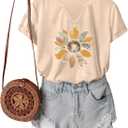 Womens Vintage Sunflower Graphic T-Shirt V Neck Short Sleeve Floral Tees Casual Loose Fit Summer Tops(L,Beige-3-229) (Beige, L)