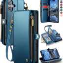 Defencase Compatible with iPhone 17 Case Wallet with RFID Blocking Card Holder for Women and Men, Fashion PU Leather Magnetic Snap Flip Zipper Strap Wallet Phone Case for iPhone 17 6.3", Dark Blue