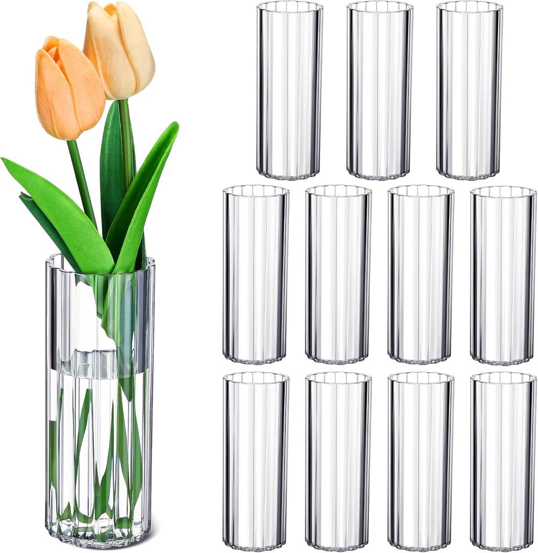 Ninehaoou 12 Pcs Plastic Small Cylinder Vases for Centerpieces Wedding Decoration, Clear Ribbed Bud Flower Vases Bulk for Wedding Bridal Shower Birthday Living Room Table Decor (5.5 Inch,Cylinder)