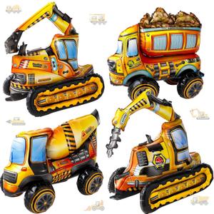 4 Pcs Self Standing 4d Construction Balloons Birthday Party Supplies Excavator Vehicle Dump Truck Mixer Truck Foil Balloons for Construction Birthday Party Decorations