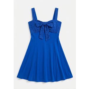 Women's Elegant Royal Blue A-Line Dress with Lace Bodice and Front Bow Detail M 