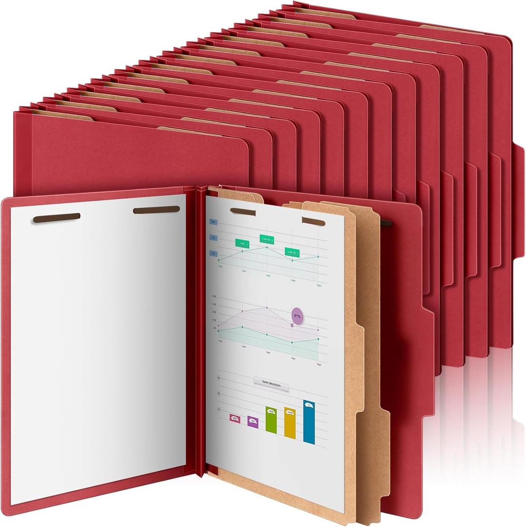 Skyygemm 24 Pcs Classification Folders Letter Size Bulk - 2 Dividers Pressboard File Folder with 3. 5 Inch Expansion, 2 Prongs Fastener, Heavy Duty Office File Organizer for Teacher Medical (Dark Red)