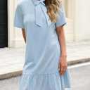 Kedera 2025 Trendy Mini Shirt Dress Bow Neck Short Sleeve Shift Dress Ruffled Hem with Side Pockets (Blue, S)