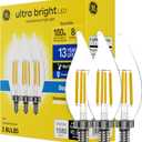 GE Ultra Bright LED Light Bulbs, 100W, Daylight Candle Lights, Clear Decorative CA12 Light Bulbs, Candelabara Base (3 Pack)