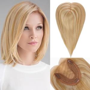 Hair Toppers for Women 14 inch Real Human Hair Topper No Bangs 5"*5.5" Base Light Blonde&Bleach Blonde Hair Toppers for Women with Thinning Hair Cover Gray Roots