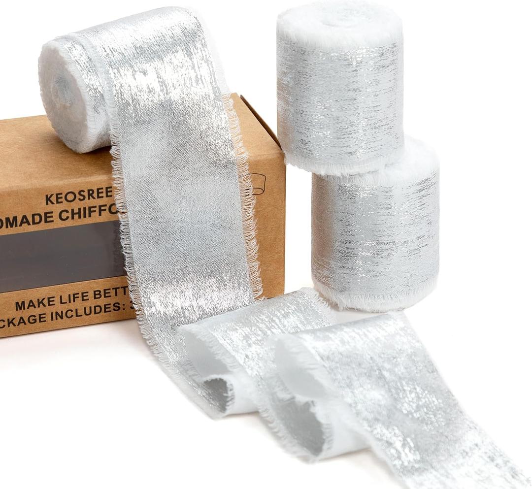 KEOSREE Cream White Silk Chiffon Ribbon,Frayed Shimmery Silk Ribbon for Bridal Flower Bouquet Christmas Gift Wrapping Wedding Decor Invitations Decorations 1.5" x 15 Yards (5Yards X 3 Rolls)