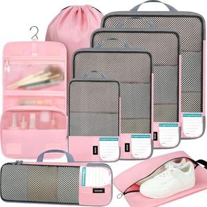 BAGAIL 4 Set Compression Packing Cubes Travel Accessories Expandable Packing Organizers(HalfMesh, 4Pink)