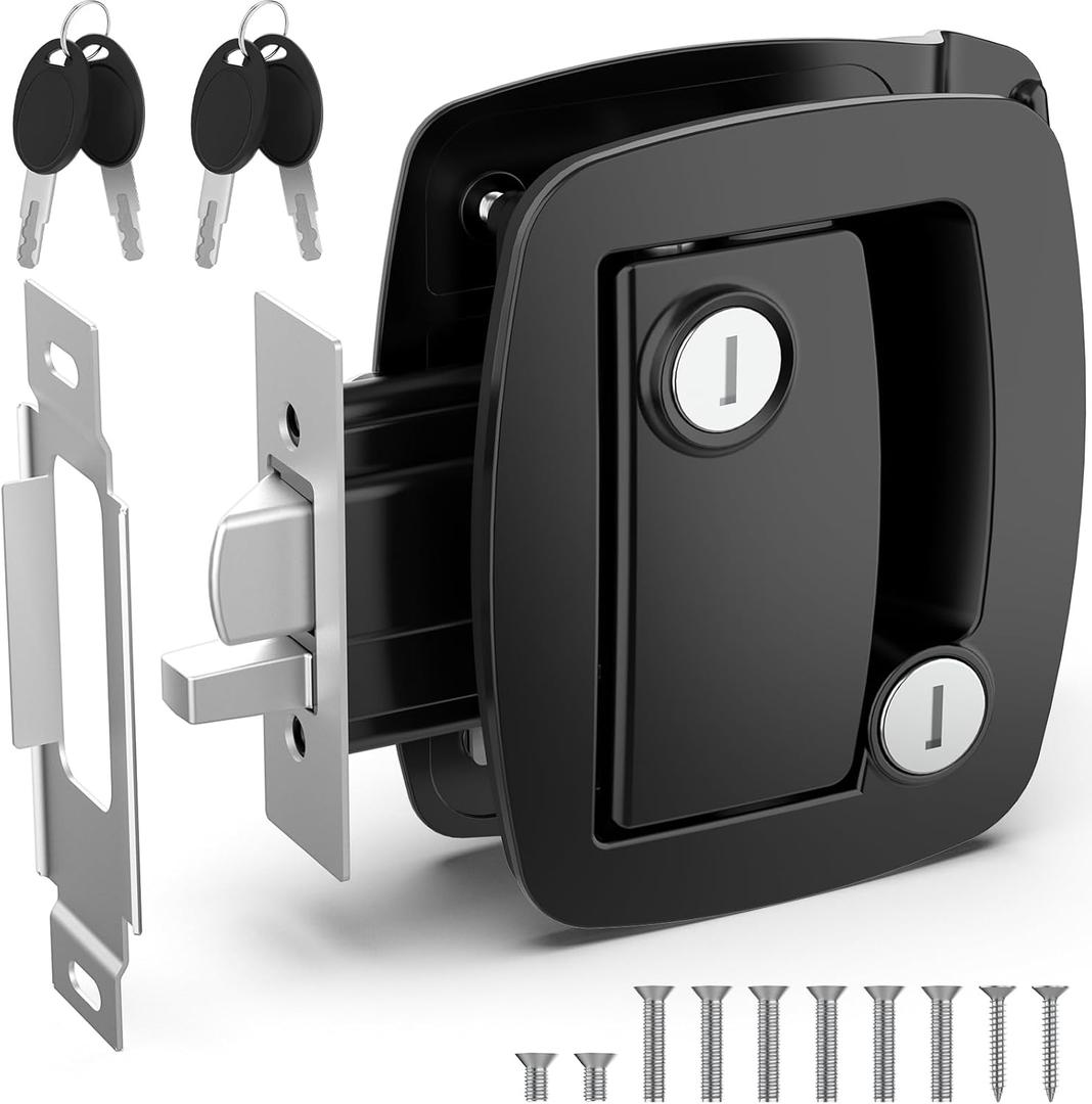 RV Door Lock Replacement, Upgraded Lighter RV Door Latch with Paddle Deadbolt & 4 Keys, 100% Metal Camper Door Locks, Aluminum Alloy RV Entry Door Lock for Travel Trailers Cargo Hauler, Black (Black Aluminum Alloy)