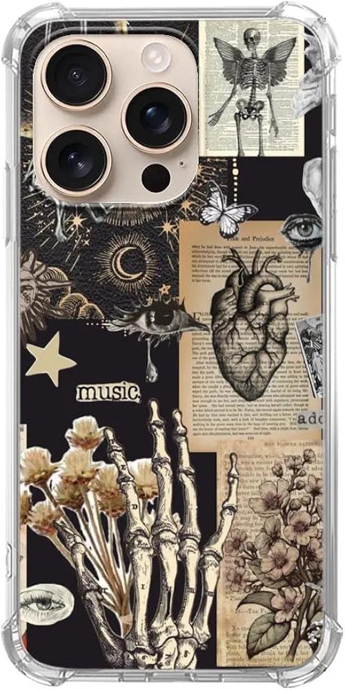 Dark Academia Aesthetic Collage Phone Case for iPhone 16 Pro Max, Skeleton Heart Butterfly Phone Cover, Soft Trendy TPU Bumper Cover Case