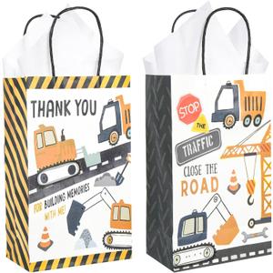 DjinnGlory 36 Pack Construction Themed Party Favor Goodie Bags with Handles (Yellow, Black) and 36 White Tissue Paper for Boys Birthday Parties, 9x5.5x3.15 Inch