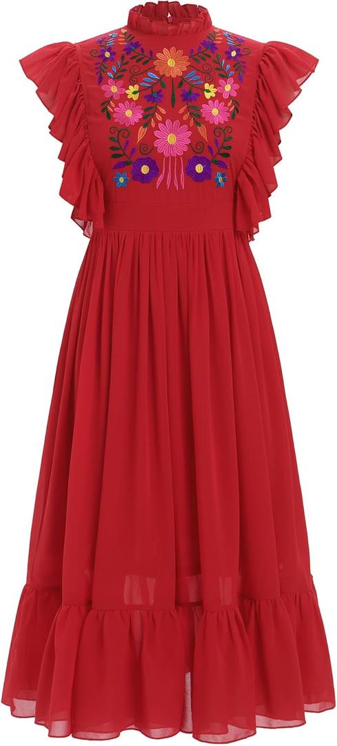 Women Mexican Embroidered Dress Traditional Casual Summer Floral Cinco De Mayo Fiesta Outfit Dance Party Midi Dresses (Small)