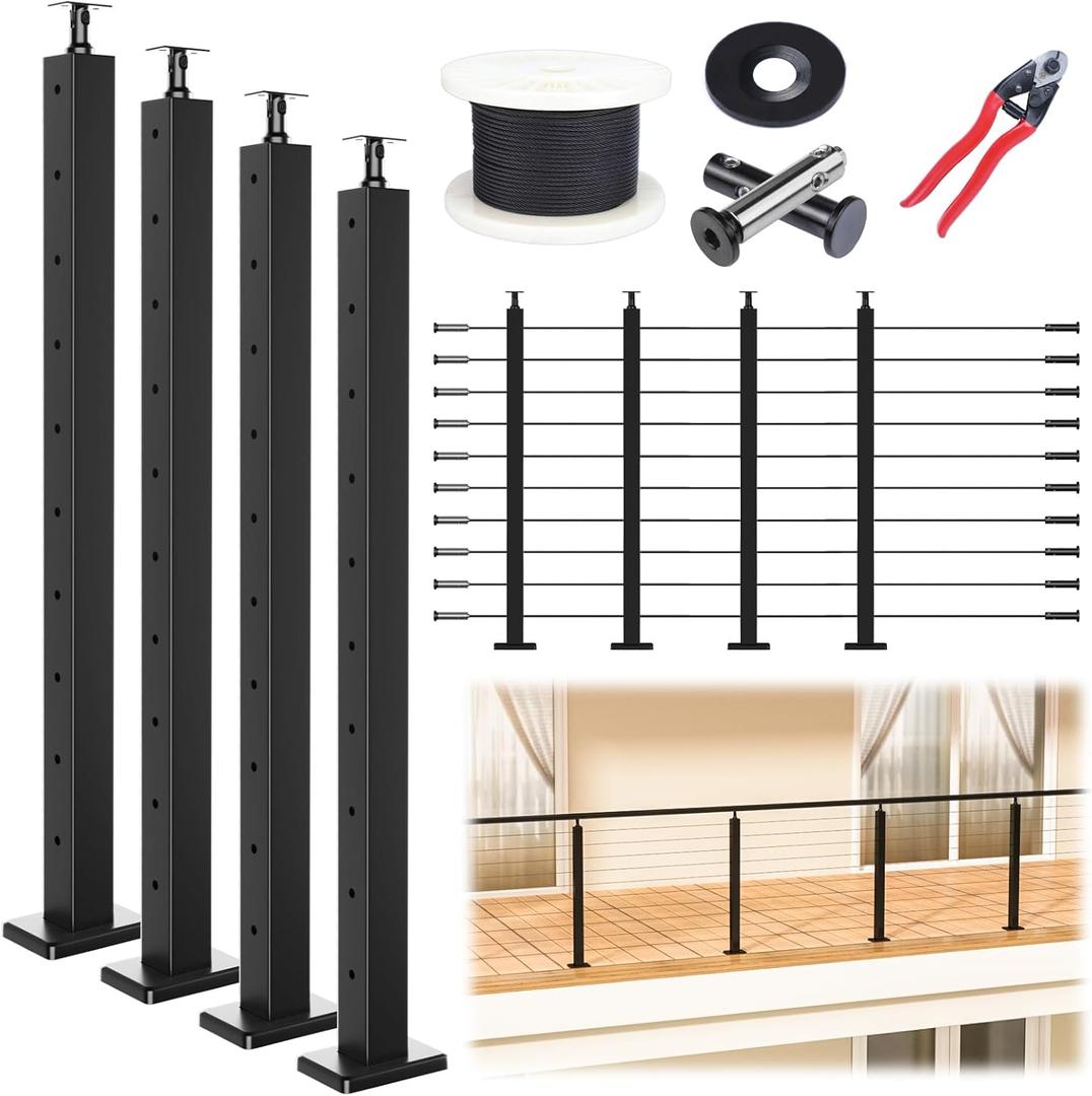 Muzata 15-20FT Modular Black Cable Railing Kit 36 Inch 4 Level Post Kit Complete Set Cable Railing System for Decks Length Adjustable Easy DIY with Paper User Guide (No Handrail) RWS1 BH4S
