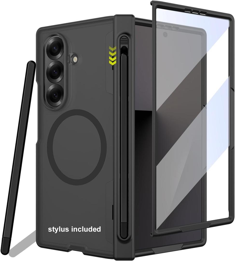 for Samsung Galaxy Z Fold 7 Case with Stylus, Built in Screen Protector, for Round Shape Magsafe Accessories, Slim Pen Holder on Hinge, Translucent Clear Back Magnetic Cover 5G 2025, Black