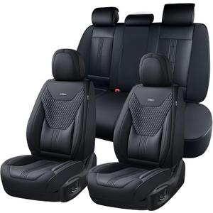 Coverado Car Seat Covers Full Set, Front Seat Covers with Lumbar Support and Back Seat Cover Waterproof Leather Automotive Seat Cover, Universal Car Interior Protectors Cushion for Most Cars (Black)