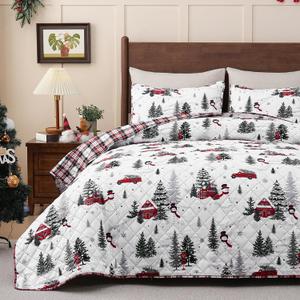 Invoibler 3 Piece Christmas Quilt Set Elegant Queen Size Bedspread Coverlet Lightweight Bedding Set with Snowman Christmas Tree Quilts Reversible Comforter Set (1 Quilt, 2 Pillow Shams)