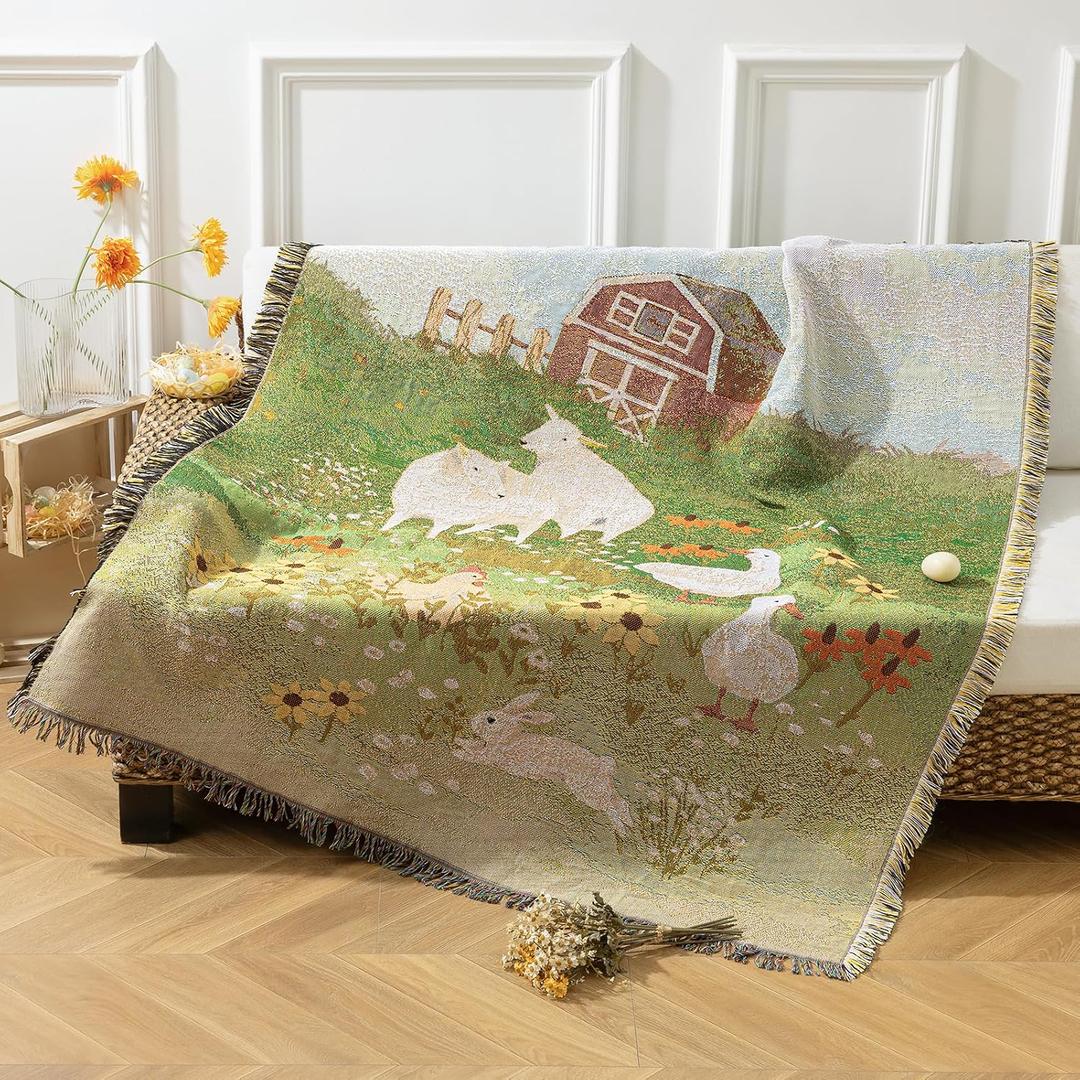 Phantoscope Spring Summer Throw Blanket, Jacquard Knitted Decorative Blanket with Tassels, 50"x60" Farmhouse Tapestry, for Mom, Couch Living Room Bedroom, Green