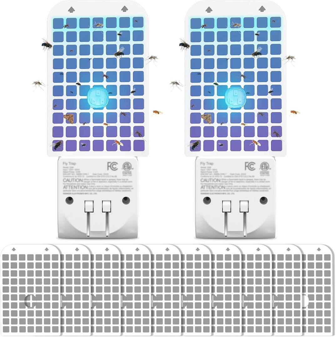 2 Pack Fly Trap Indoor(2 Device + 10 Glue Cards), Mosquito Killer, Plug-in Flying Insect Trap for Mosquito, Flies, Fruit Flies, Moths, Gnats