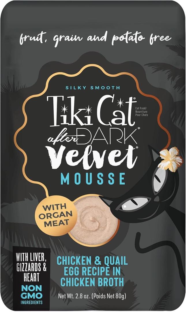 Tiki Cat After Dark, Velvet Mousse, Chicken & Quail Egg Recipe in Chicken Broth, Grain & Potato Free Formula, with High Protein & Nutrient Dense Blended Organ Meat, 2.8 oz. Pouch (Pack of 12)