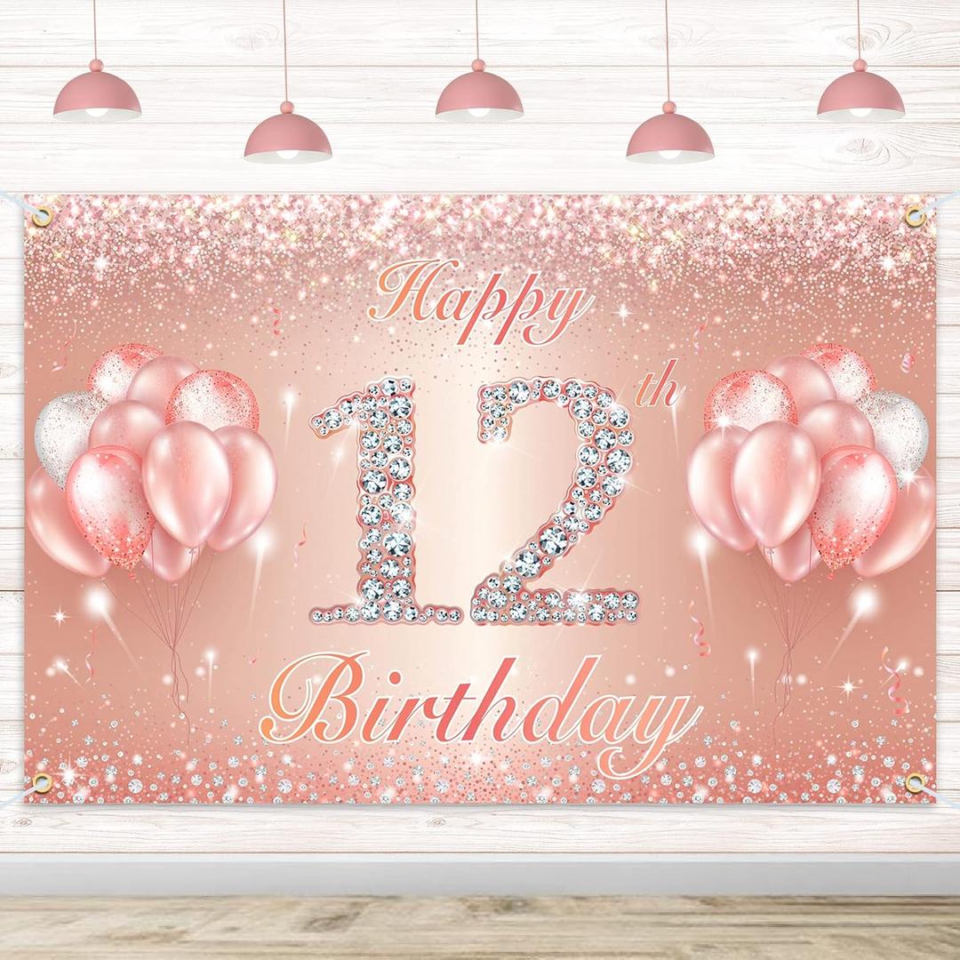 Happy 12th Birthday Banner Backdrop - 12 Birthday Party Decorations Supplies for Girls or Boys - Rose Gold 4 x 8ft