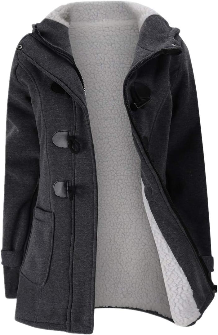 JiangWu Womens Fashion Horn Button Fleece Thicken Coat with Hood Winter Warm Jacket (X-Large, Dark-gray)